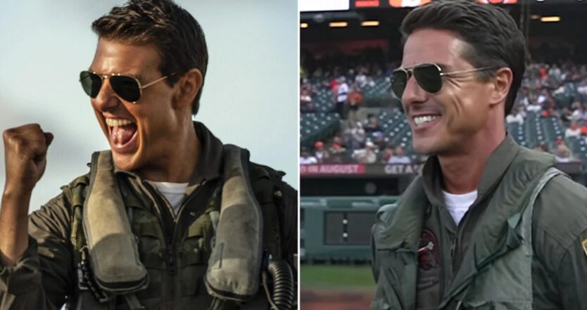 Një imitues i Tom Cruise doli në fushë si ‘Maverick’ gjatë ndeshjes