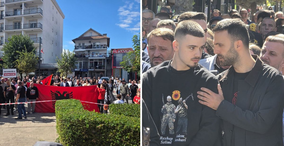 Foto: Protesta në Klinë kundër vendimit të Speciales, në ballë djemtë e Krasniqit dhe Selimit