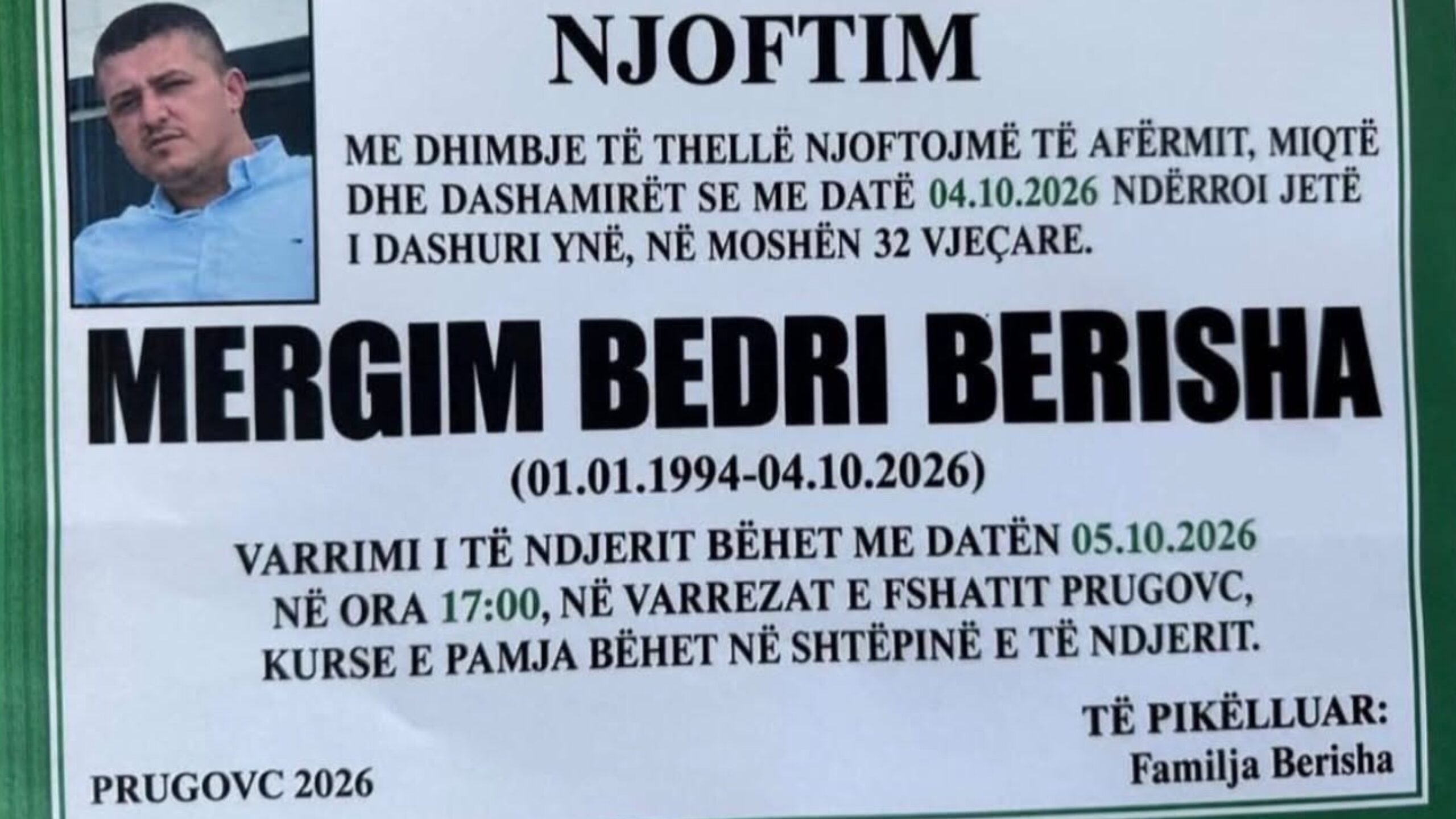Foto: Mërgim Berisha varroset nesër pas aksidentit fatal në Prugovc
